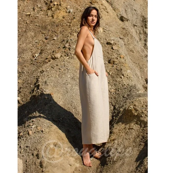 Linen Blend Casual Beige Overalls Pockets Jumpsuit Wide Leg - Picture 4 of 7